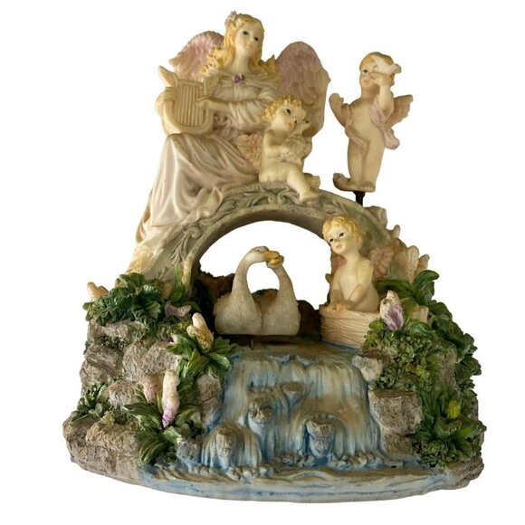 Angels on Bridge With Swans Music Box Sculpture Beautifully Detailed - Picture 1 of 12